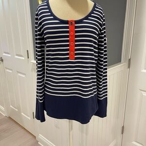 Joules Navy & White Striped Long Sleeve Top with Orange Button Placket